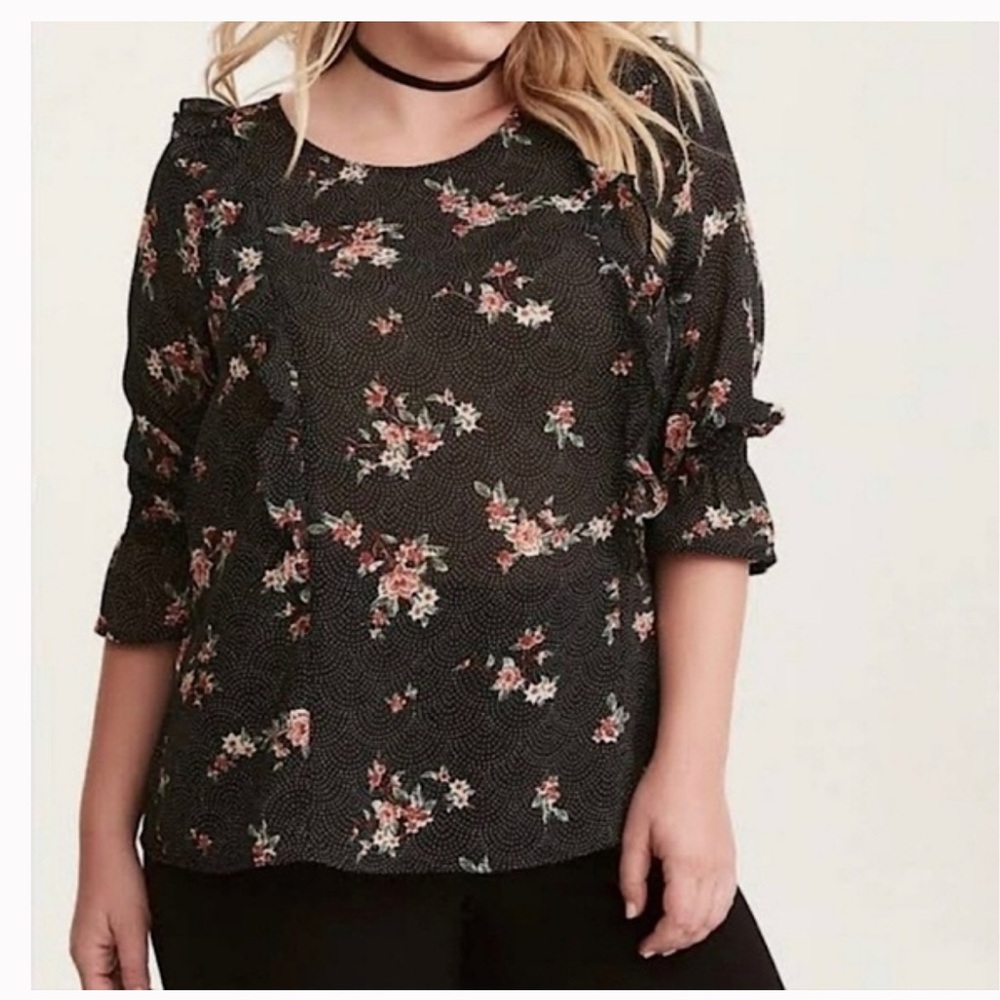 Torrid Floral Sheer Black Dot Print Chiffon Ruffled Smocked Bell Sleeve Top-4X